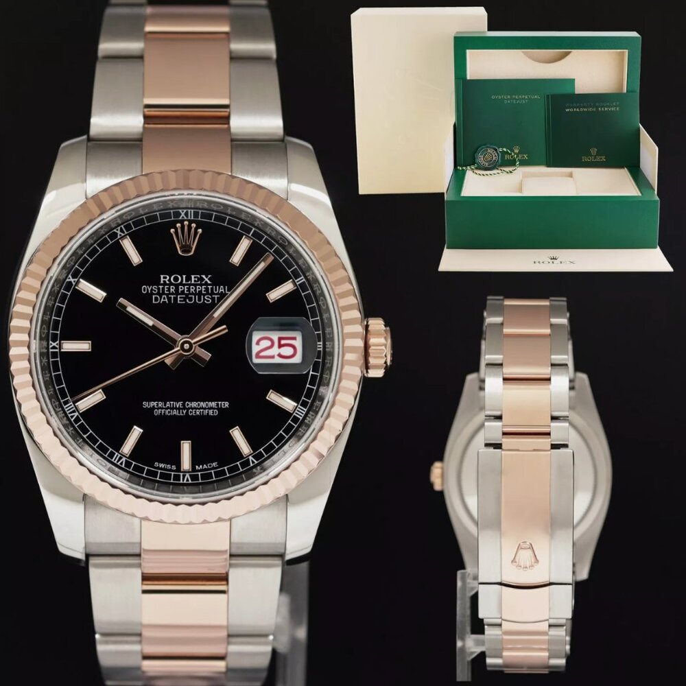Rolex DateJust Two Tone steel 36mm Rose Gold Black Watch Box